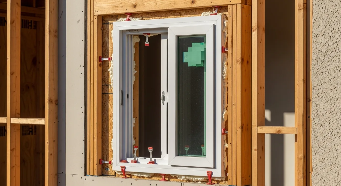 New replacement window being fitted into a wall opening on a California home, quality installation detail