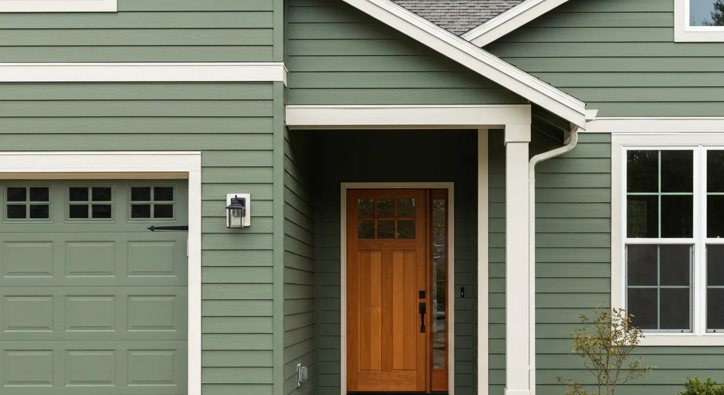 Penn Valley country home close-up with Hardie HardiePlank lap siding in Heathered Moss sage, white trim, integrated stone base, warm wood door, mature California oak shade dappled