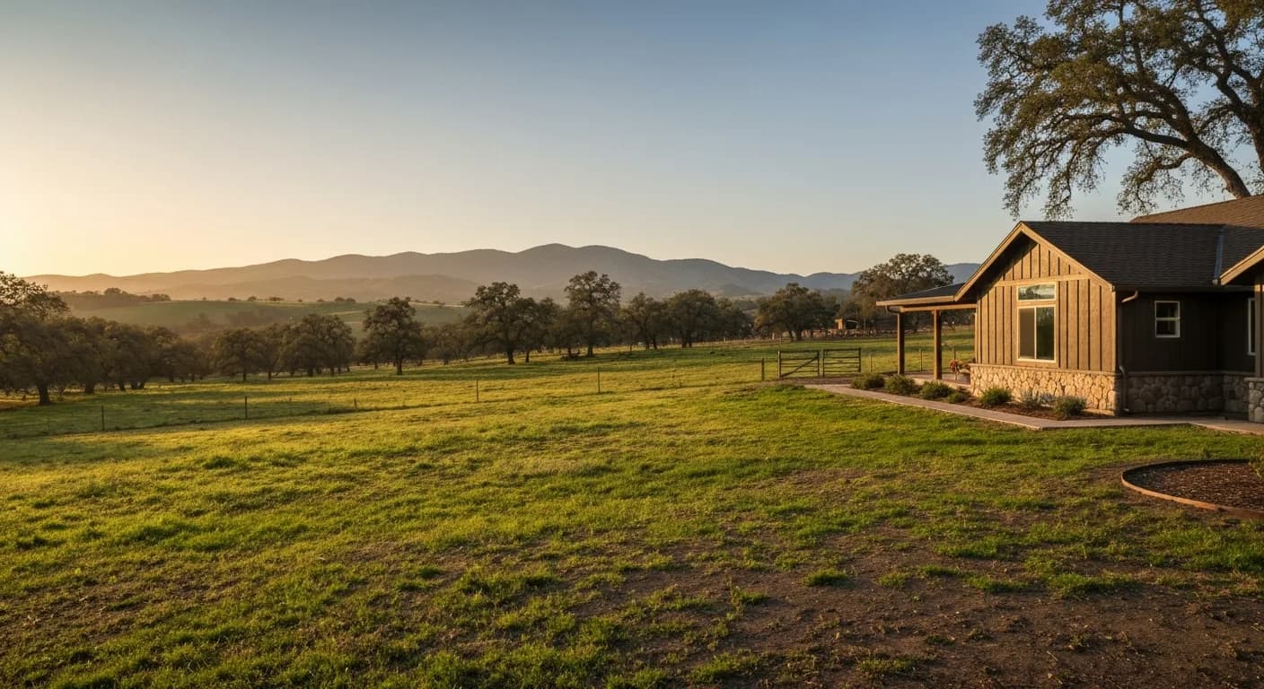 Wide-angle Penn Valley rural property with restored ranch home in Hardie Cobble Stone, oak savanna pasture, granite outcrops, distant Sierra foothill ridges, California Nevada County