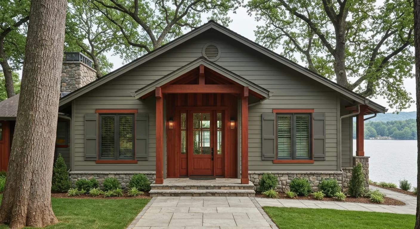 Penn Valley lake property home with Hardie ColorPlus Iron Gray body, warm wood accent, expansive deck overlooking Englebright Lake, mature pine and oak, premium California Nevada County