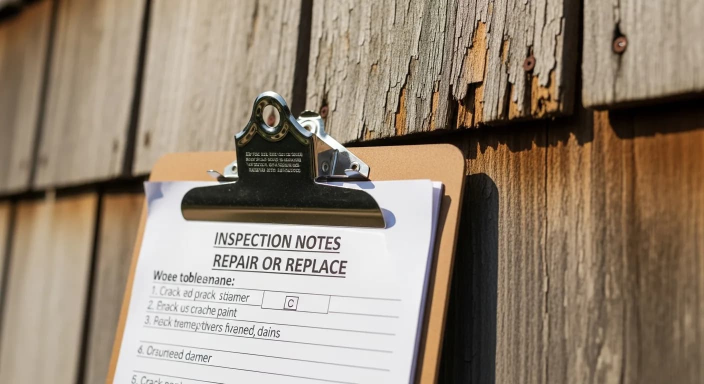 Clipboard and inspection notes held against a damaged siding wall on a California home, repair or replace evaluation