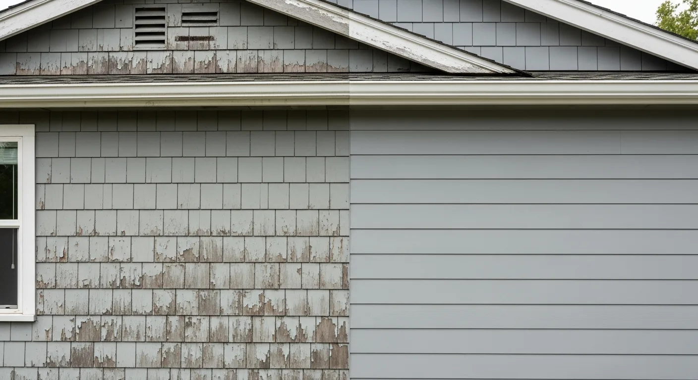 Side-by-side of aged faded siding next to new fiber cement siding on a California home showing match difficulty