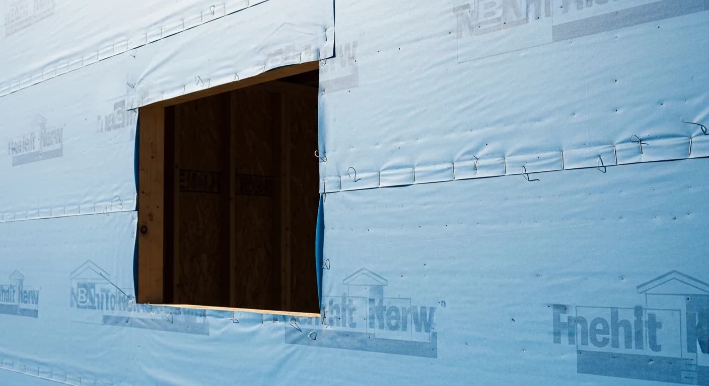 Weather-resistive barrier and house wrap installed on a California home wall during the dry-in stage of a re-side