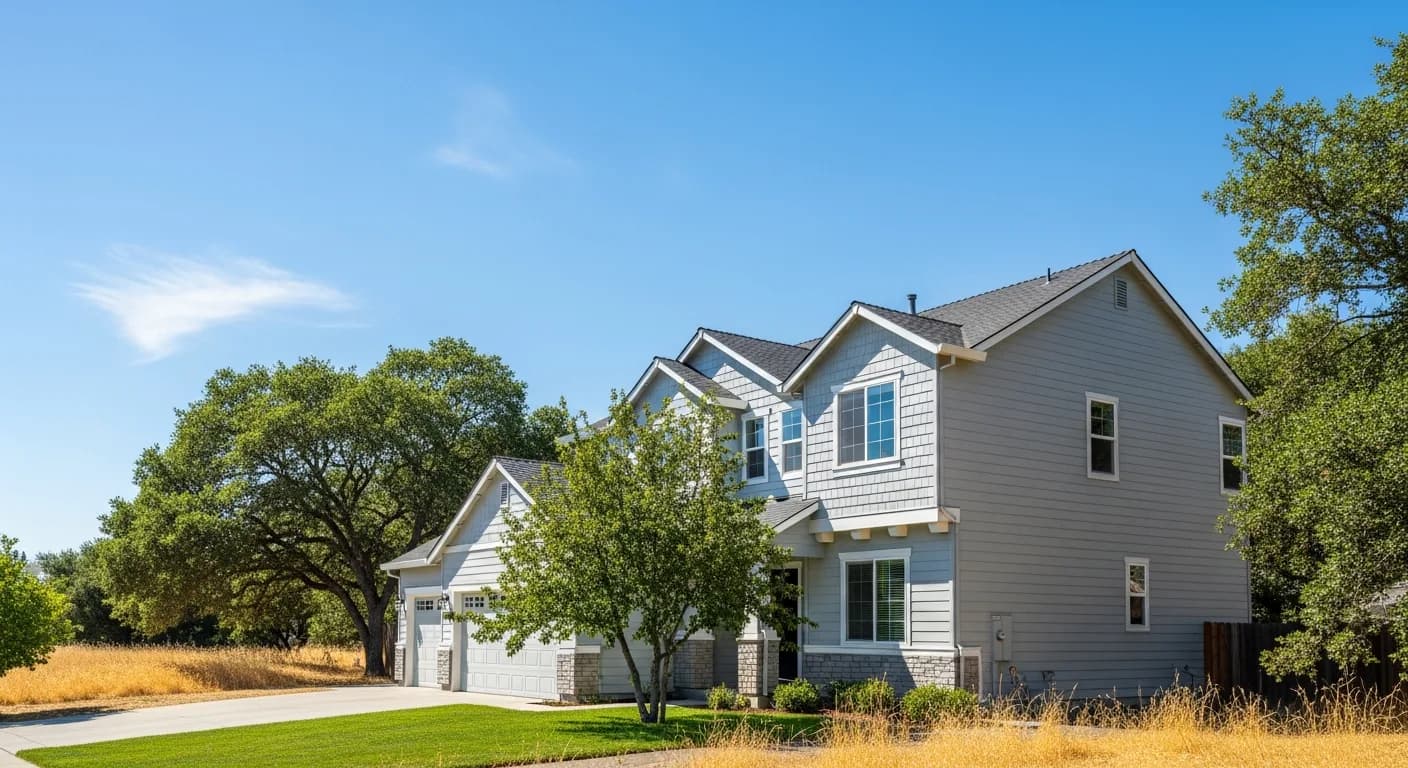 Sacramento Valley home with completed fiber cement siding under bright dry-season sun, peak exterior-work weather