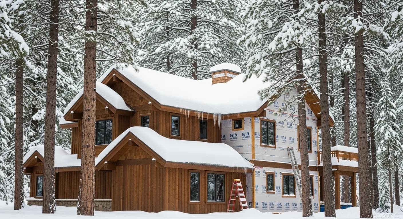 Snow-covered Tahoe mountain home exterior, illustrating the limited winter build window for foothill and mountain re-sides