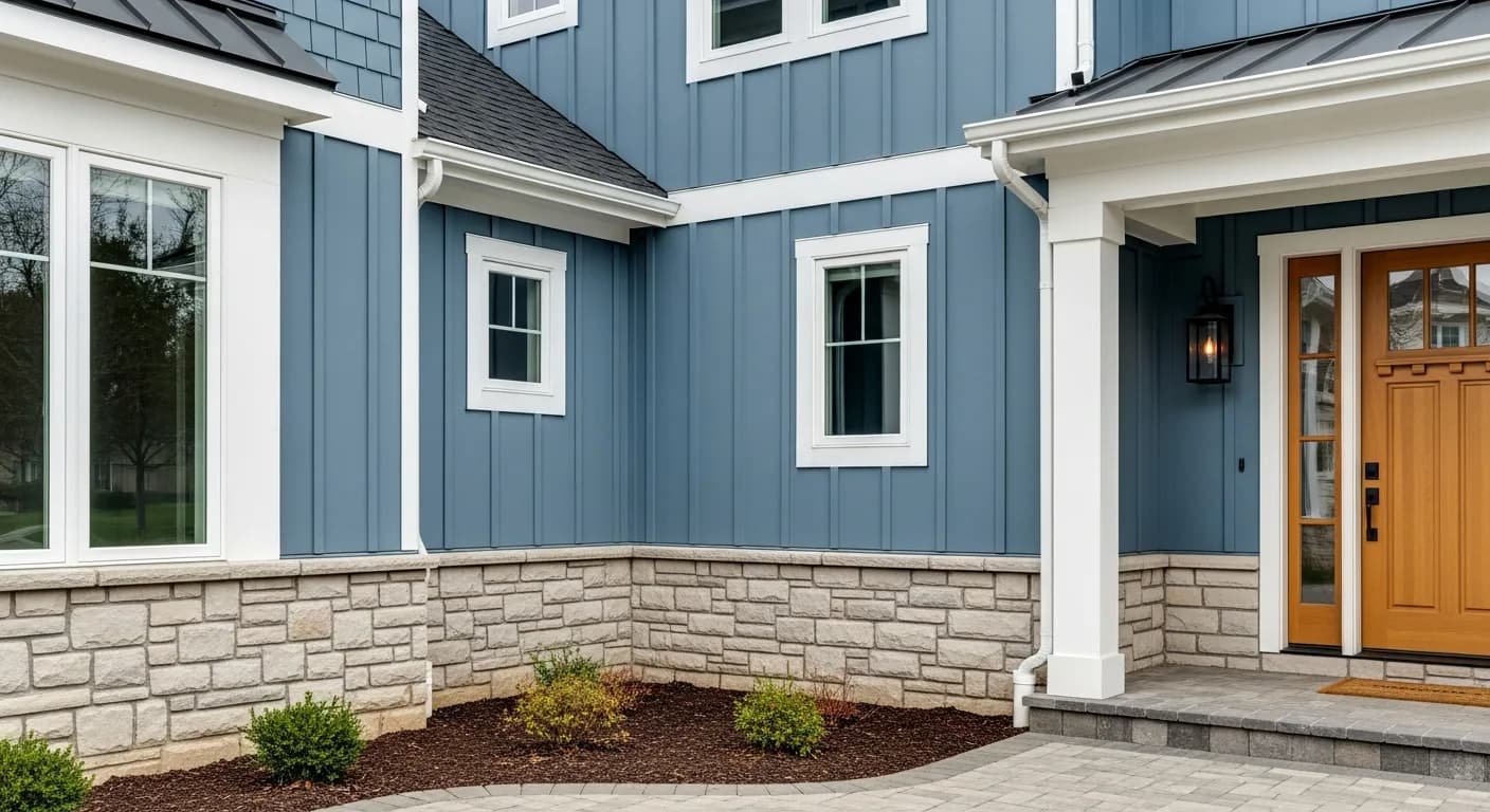 Roseville premium custom home elevation with Hardie Boothbay Blue board-and-batten, Arctic White trim, manufactured stone base course, black metal porch sconce, paver walkway