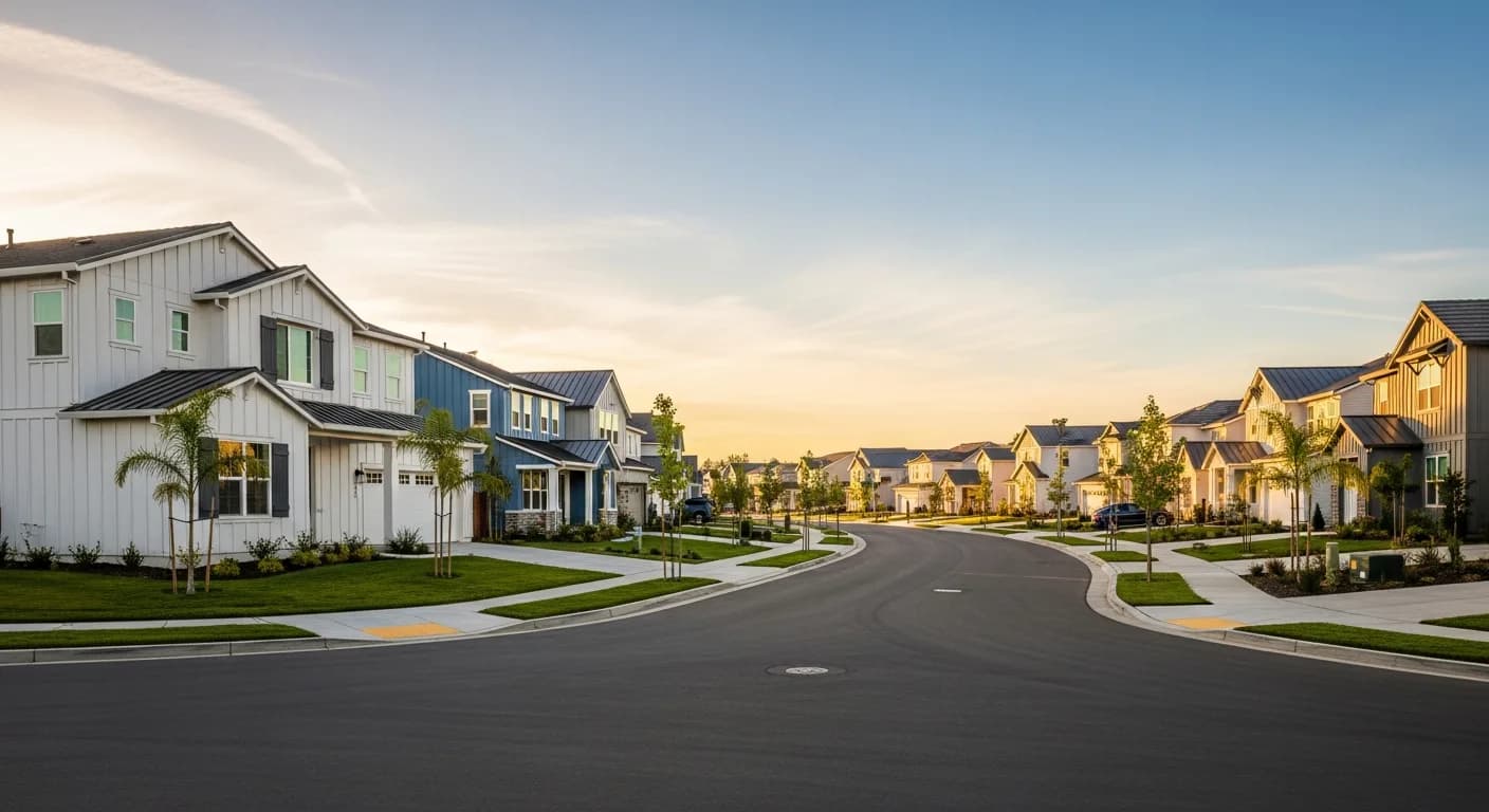 Wide-angle Roseville master-planned suburban street with multiple modern farmhouse homes in coordinated Hardie ColorPlus palette, palm trees, golden hour California residential lifestyle