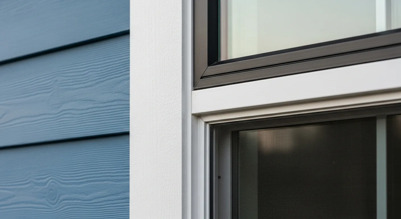 Close-up detail of James Hardie HardiePlank lap siding in Boothbay Blue ColorPlus finish on Sacramento Valley home, factory-baked finish, integrated drip edge and white trim casing