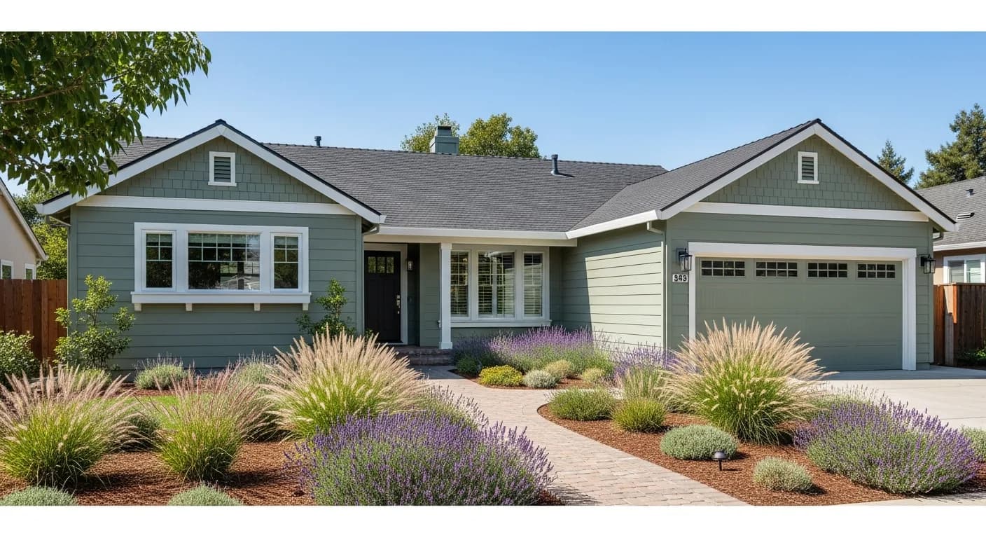 Single-story Sacramento ranch home refresh with Hardie fiber cement siding in Heathered Moss sage green, white trim, drought-tolerant landscaping, mid-day California sun