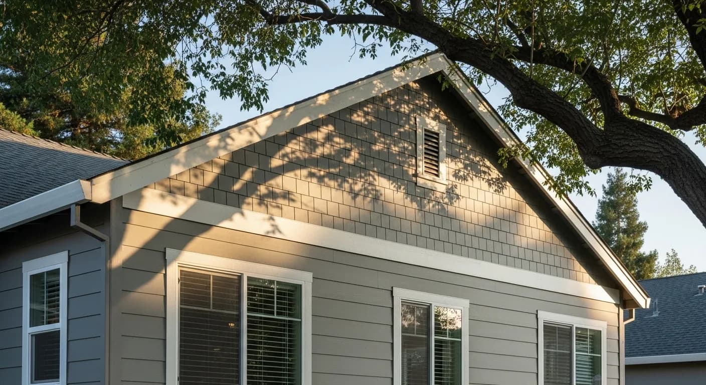 West-facing Sacramento home elevation with Hardie siding in mid-tone gray, board-and-batten gable detail with afternoon shadow definition, thermal expansion gap precision, suburban California