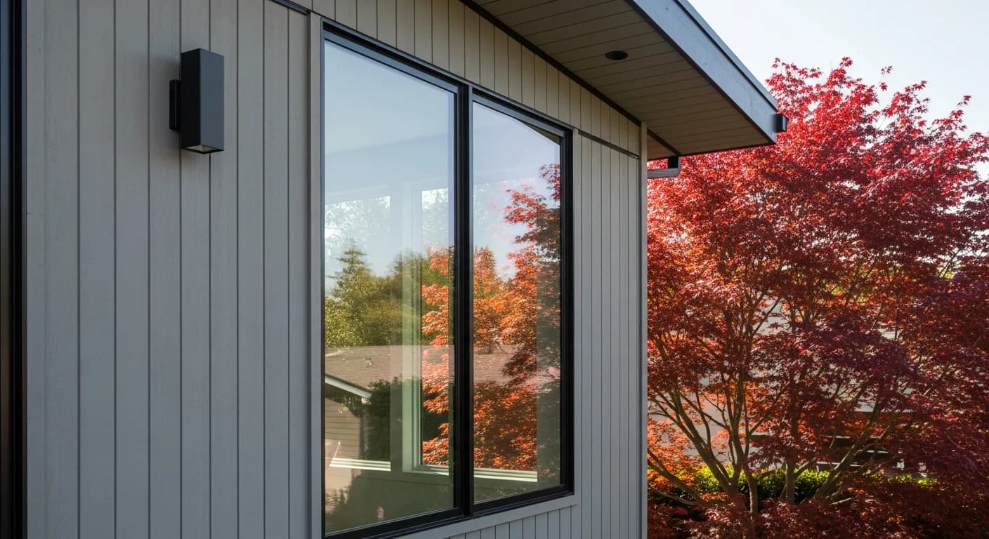 San Jose modern home close-up with Hardie HardiePanel vertical board-and-batten in Night Gray, floor-to-ceiling matte black aluminum window frame, Japanese maple foliage, mid-century-modern detail