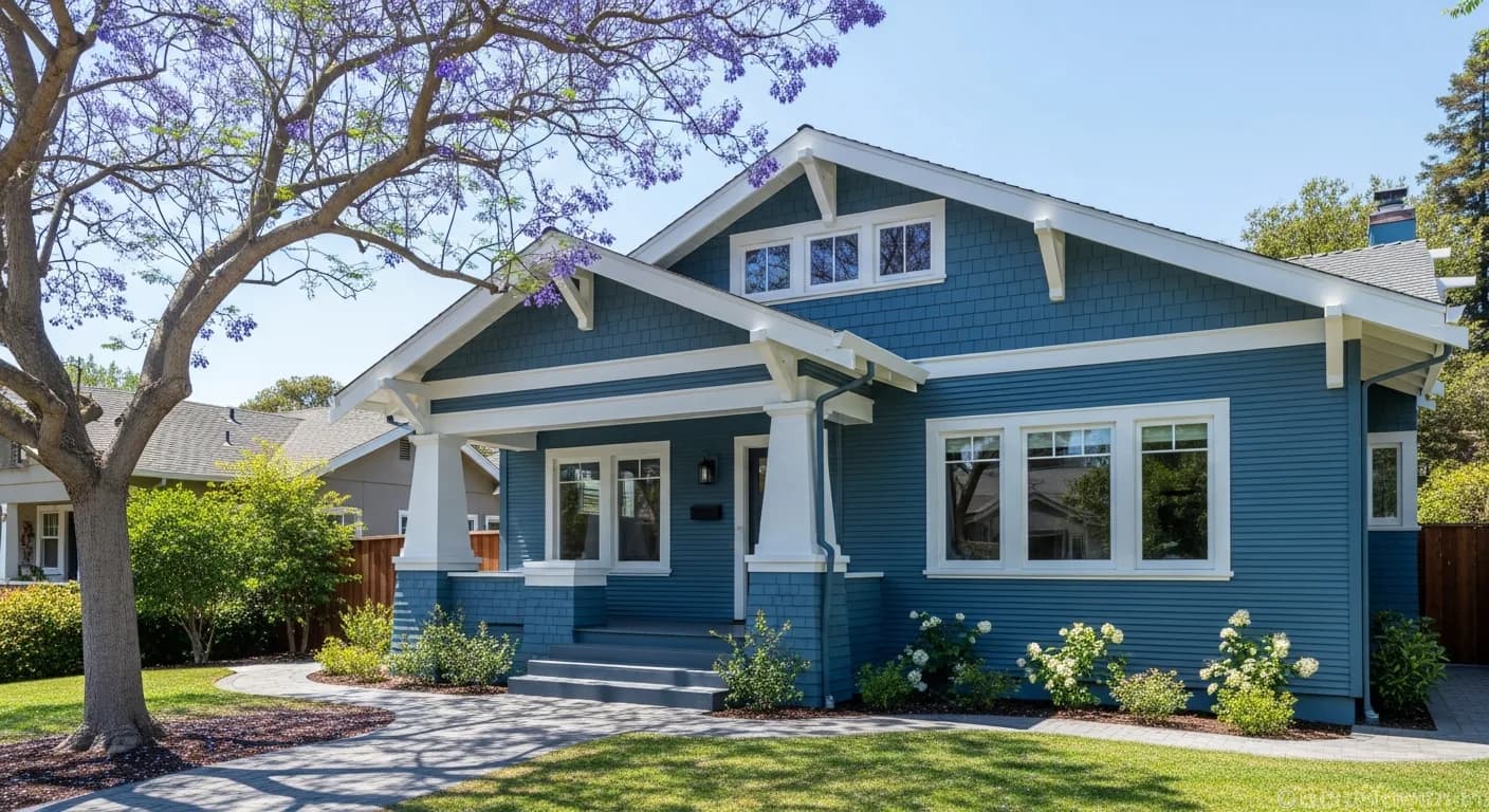 Wide-angle Willow Glen San Jose neighborhood with traditional craftsman bungalow in Hardie ColorPlus Boothbay Blue, mature jacaranda tree, paver walkway, white trim, period-correct California Bay Area