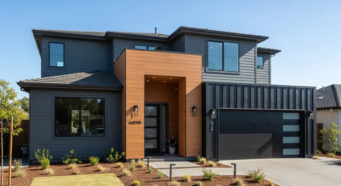 Contemporary San Jose two-story home with mixed Hardie fiber cement Iron Gray body, Aspyre wood-look entry feature, black metal accent panels on garage, premium Silicon Valley residential