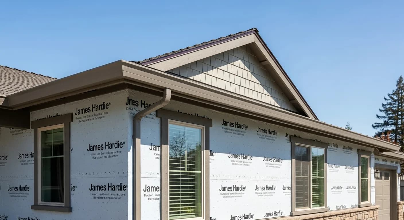 Santa Rosthe WUI code rebuild detail: Hardie Class A cladding in Iron Gray, boxed eaves, ember-resistant gable vent, Zone 0 stone landscape, fire-resilient California