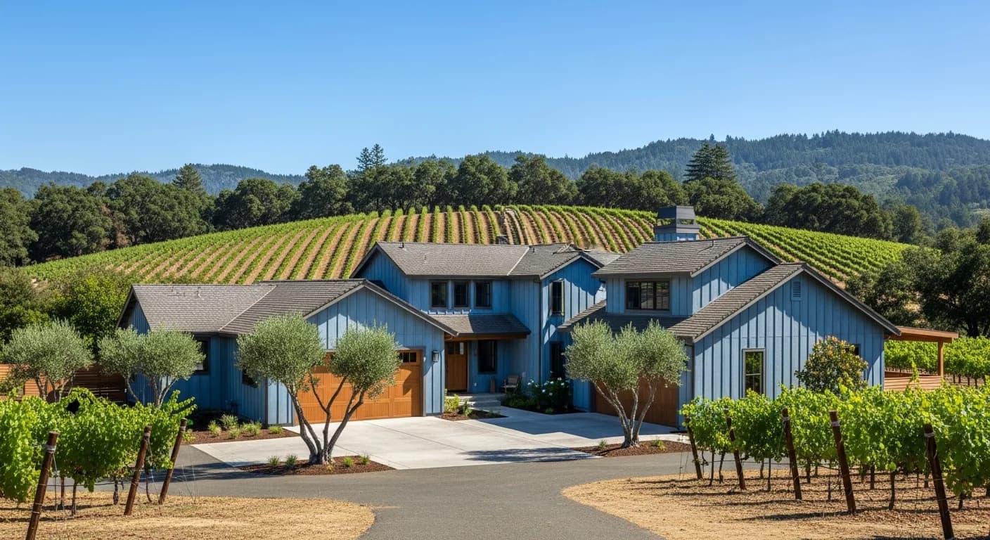 Wide-angle Santa Rosa wine country residential view with rebuilt home in Hardie fiber cement Boothbay Blue, vineyard rows to oak-studded ridgeline, mature olive trees, defensible space, Sonoma County