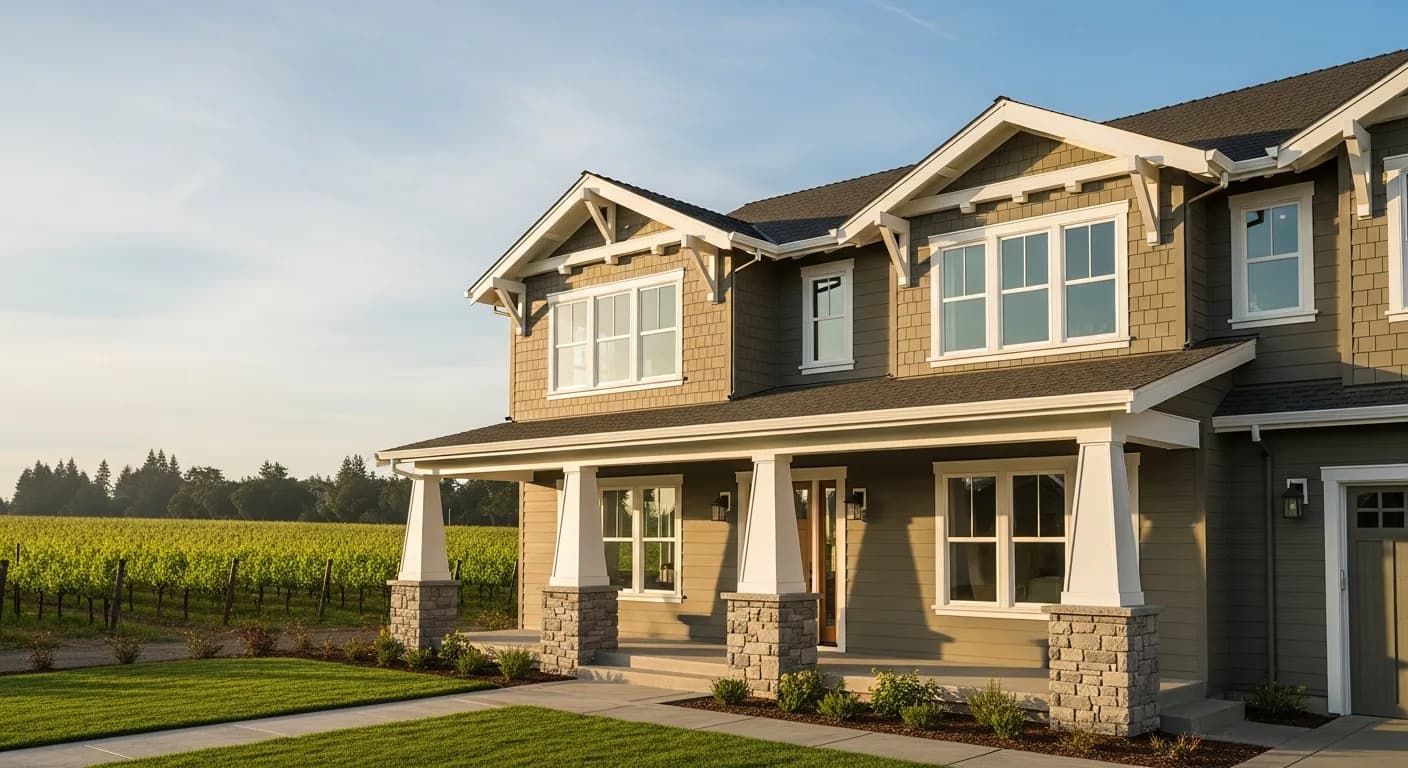 Santa Rosa craftsman rebuild home with Hardie Heathered Moss body, white trim, exposed rafter tails, tapered porch columns, stone base, vineyard backdrop