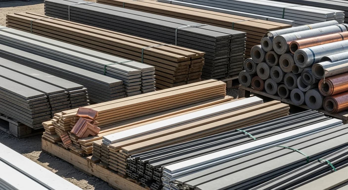 Stacked fiber cement siding boards, flashing, and trim materials at a California job site, material cost concept