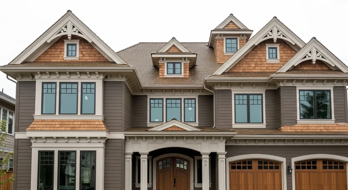 Complex multi-gable California home elevation with extensive trim, where siding cost concentrates in the details