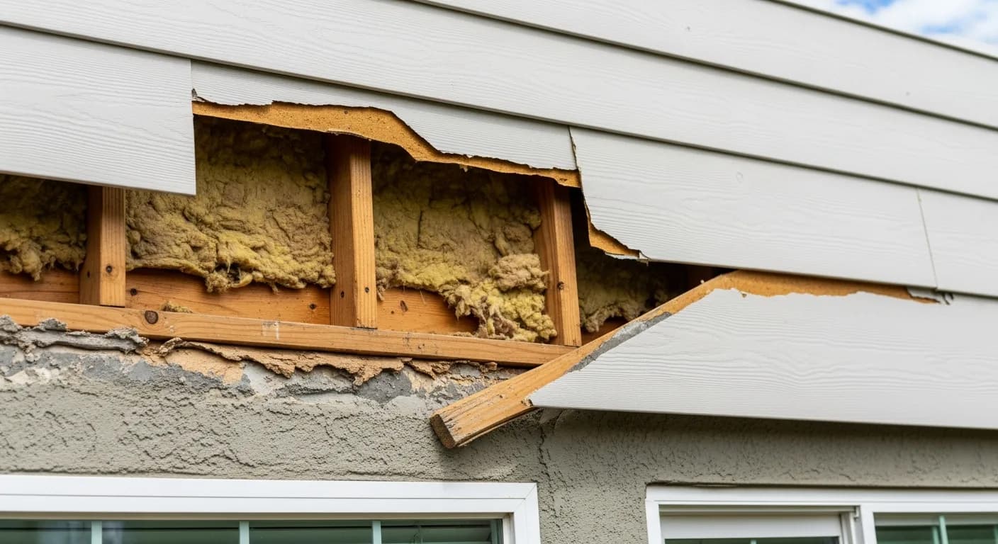 Wind-lifted siding board pulled loose at the bottom edge on a California home after a storm, exposed wall