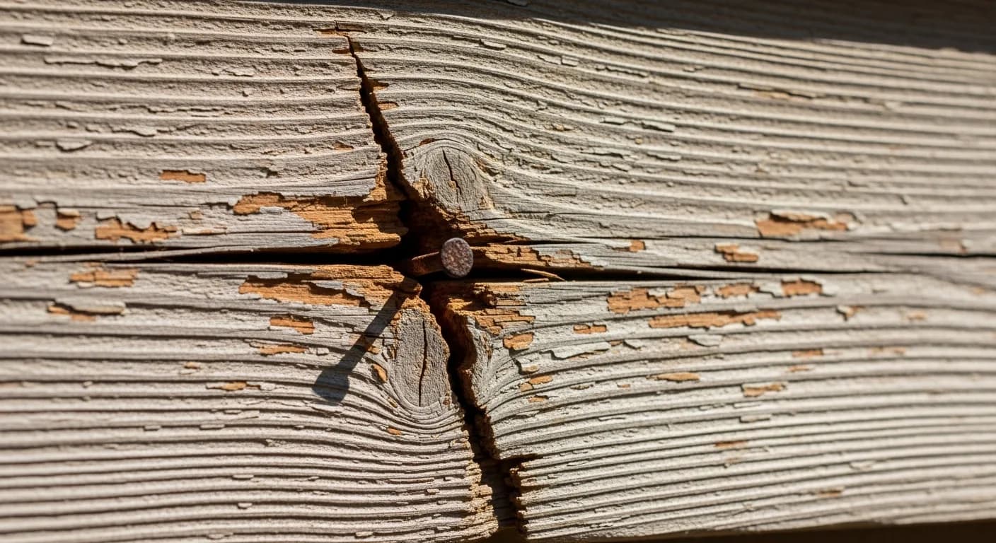 Cracked and split siding board with a fracture radiating from a fastener on a California home exterior