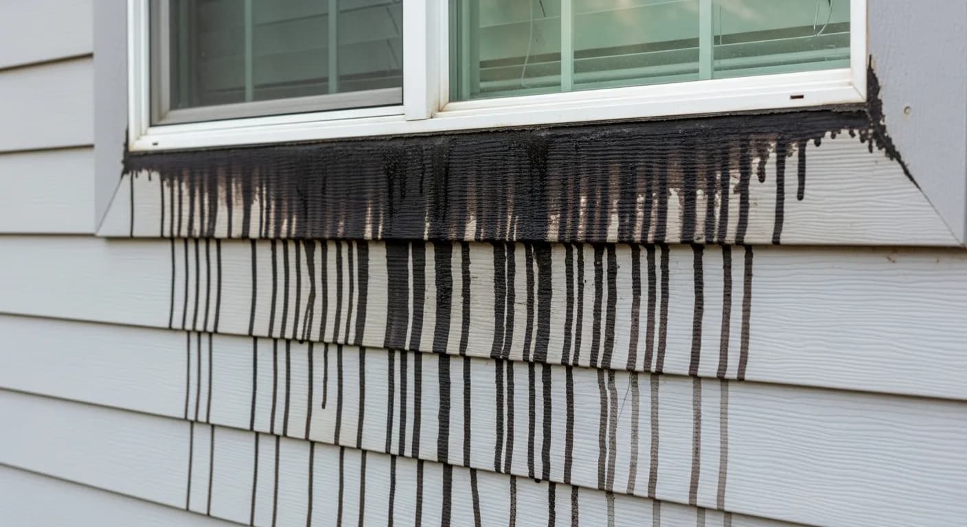 Dark water staining and vertical streaks below a window on California home siding indicating a water path