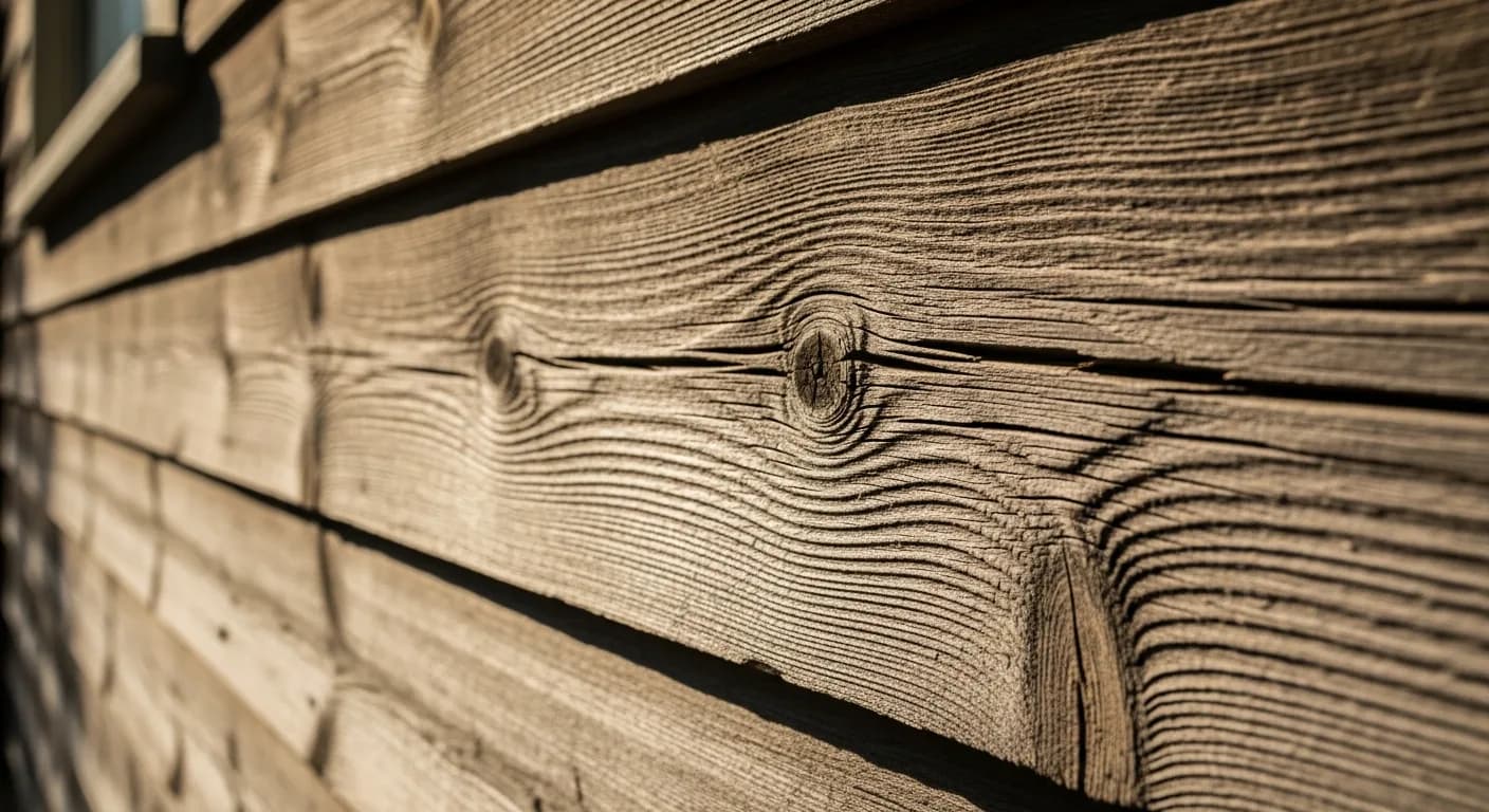 Weathered natural wood siding showing finish wear and aging on an older California home exterior