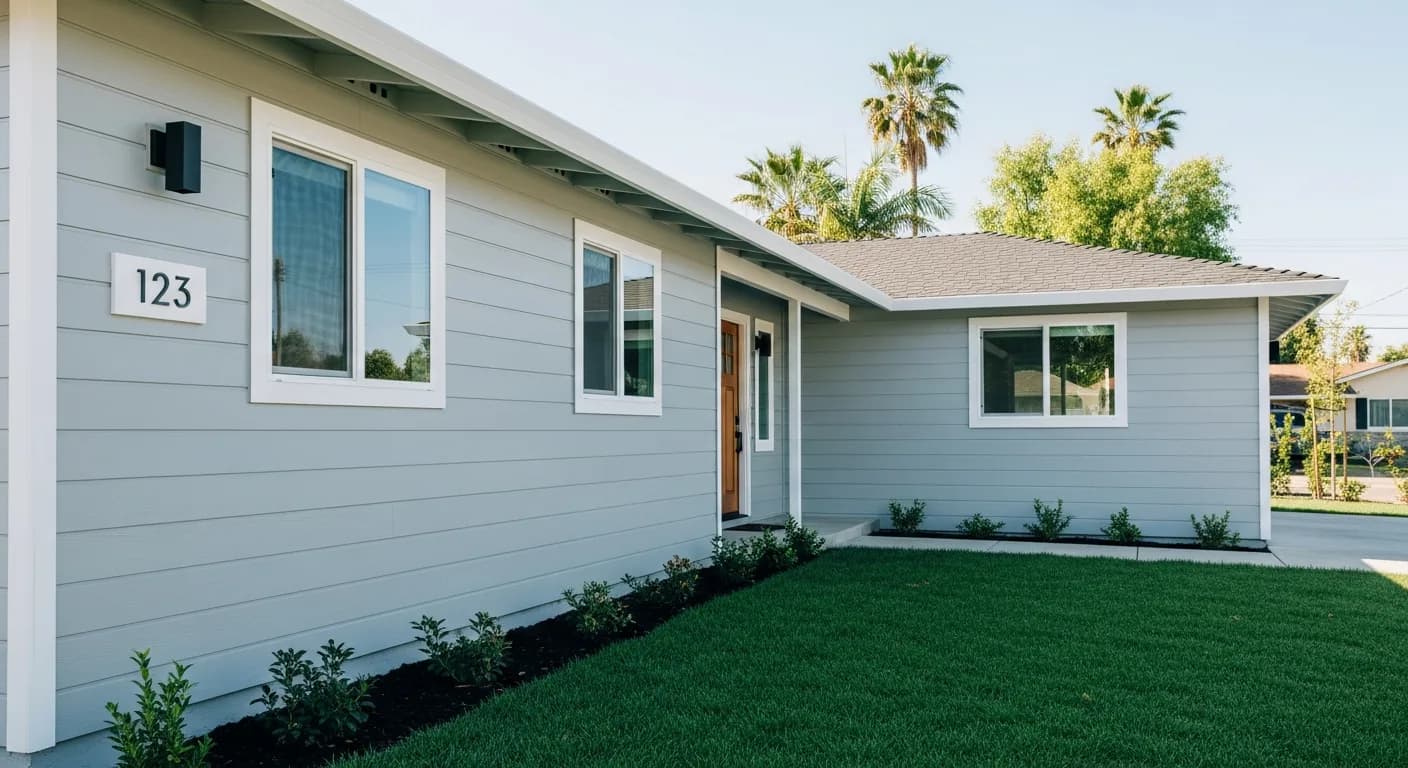 Freshly re-sided California home exterior prepared for listing, new siding boosting resale value