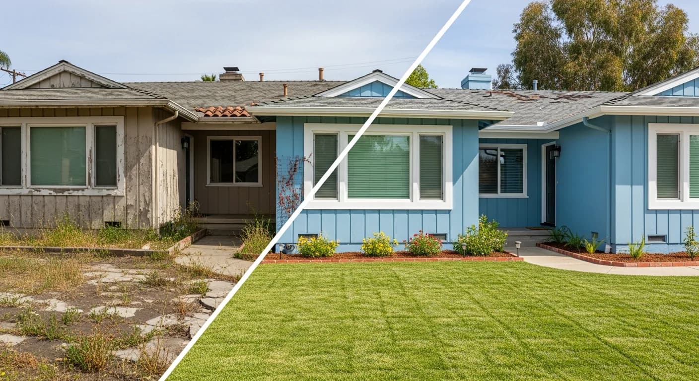 Before and after of a tired exterior refreshed with paint and repairs on a California home for sale