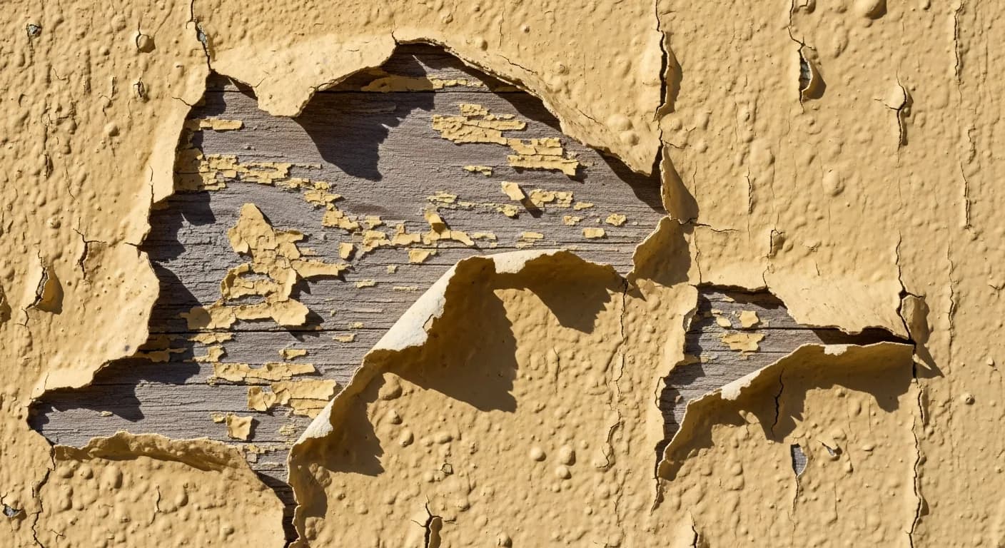 Detail of peeling and bubbling exterior paint on a sun-faded south-facing siding board, California UV damage