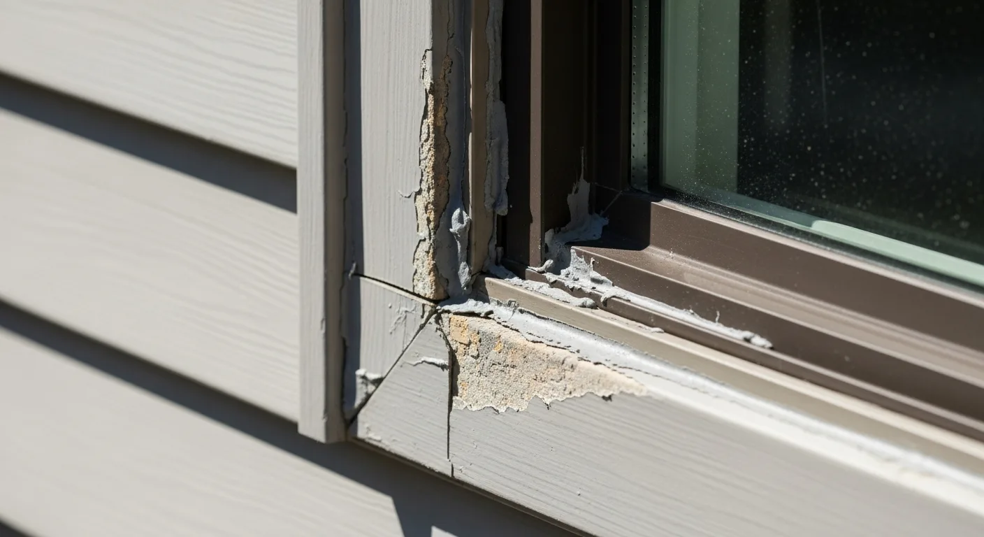 Gap and failed caulk where siding meets a window frame on a California home exterior, water-entry point detail