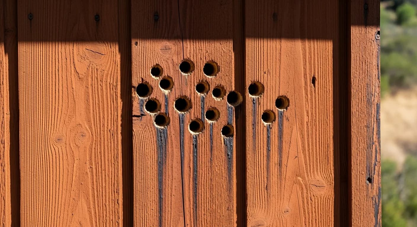 Woodpecker holes in wood siding on a California foothill home exterior, pest and moisture entry damage close-up