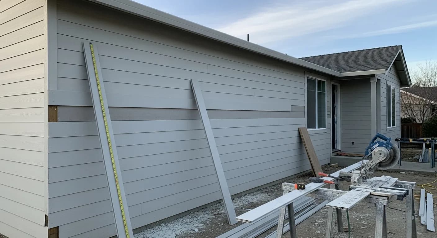 Mild Sacramento Valley winter day with fiber cement siding installation continuing, cool clear weather