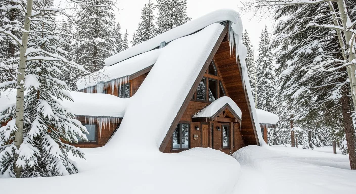 Snow-covered Tahoe home exterior in deep winter, illustrating why mountain siding work waits for the snow-free season