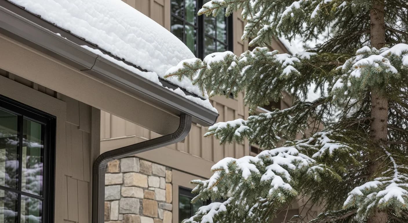 Truckee Tahoe mountain home detail: Hardie HardiePanel board-and-batten in Aged Pewter, 24-inch ground clearance above snow pack, snow-load gutter detail