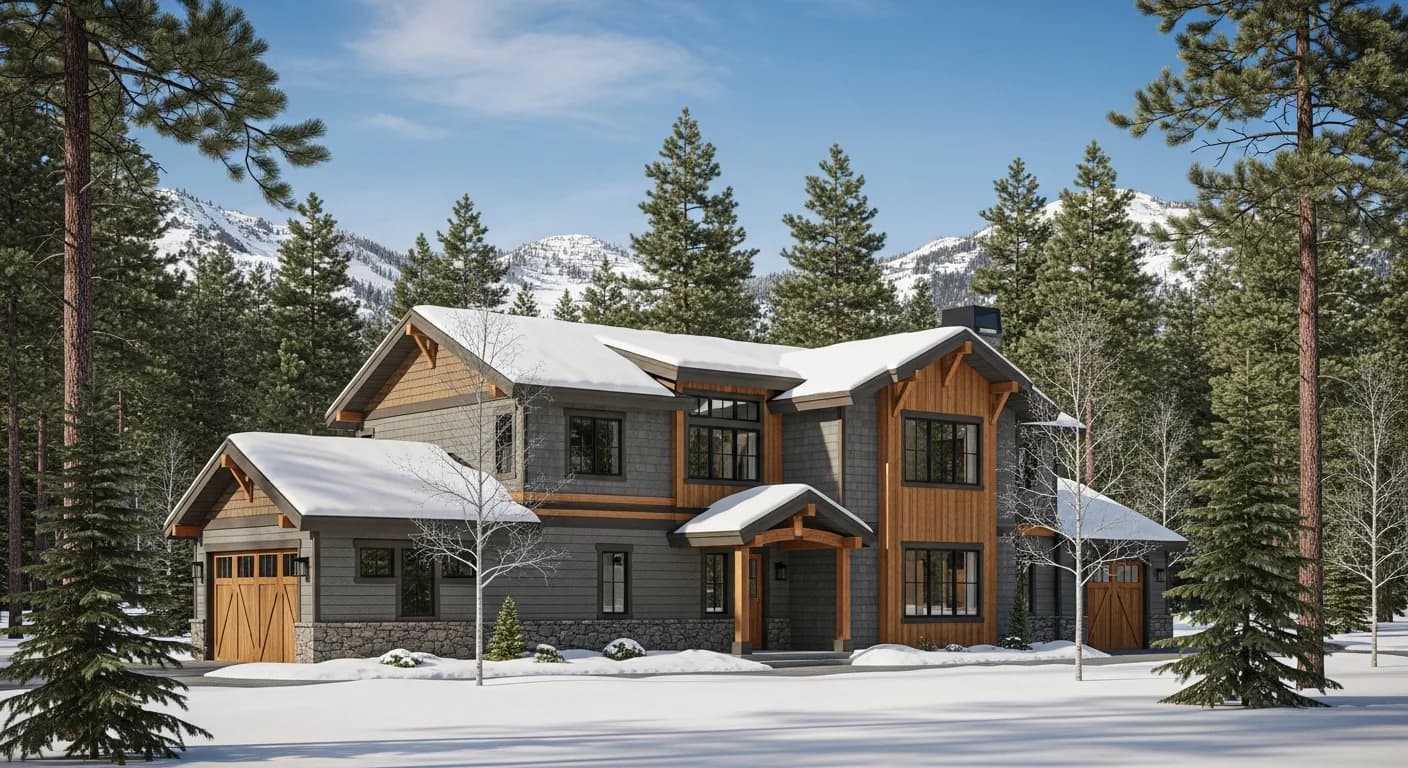 Truckee two-story mountain home with Hardie Iron Gray and warm wood Aspyre accents, snow-load steep-pitch roof, towering pine and fir, Sierra winter California
