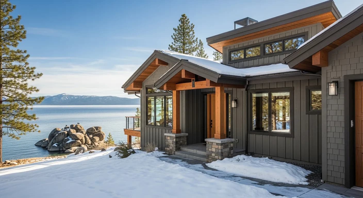Lake Tahoe view home with Hardie mountain modern exterior: Aged Pewter body, warm wood entry, deep eave overhang, lakefront granite outcrop, panoramic Lake Tahoe view