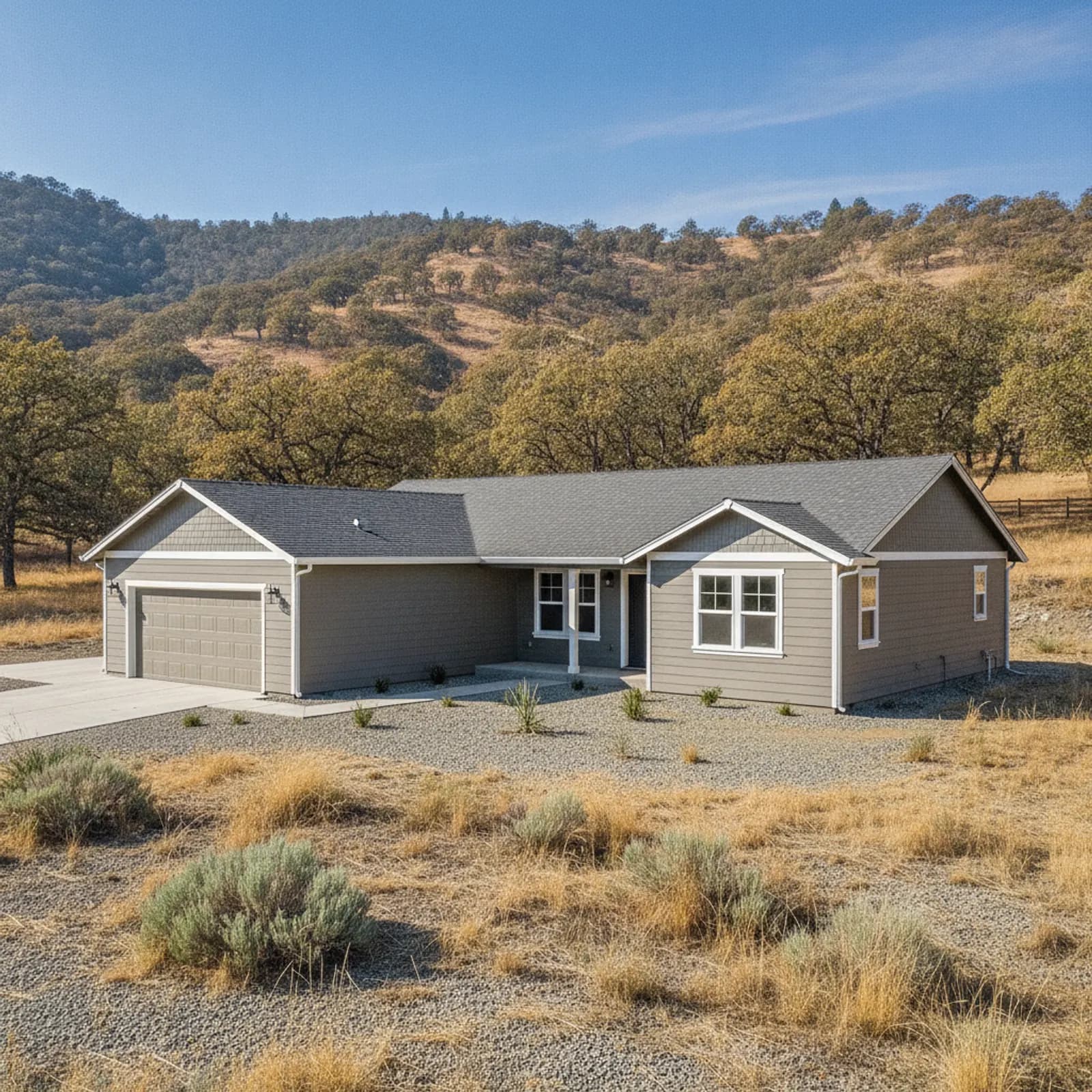 Fire-hardened re-side, Angels Camp CA Wildfire-hardened non-combustible fiber cement siding on a foothill home in Angels Camp California