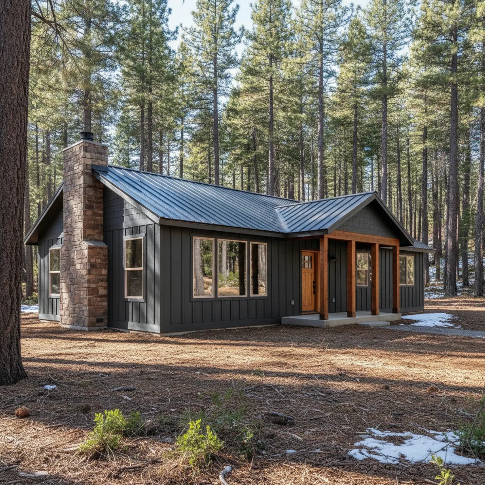 Fire- and snow-hardened re-side, Arnold CA Wildfire-hardened non-combustible fiber cement siding on a pine-forest cabin in Arnold California