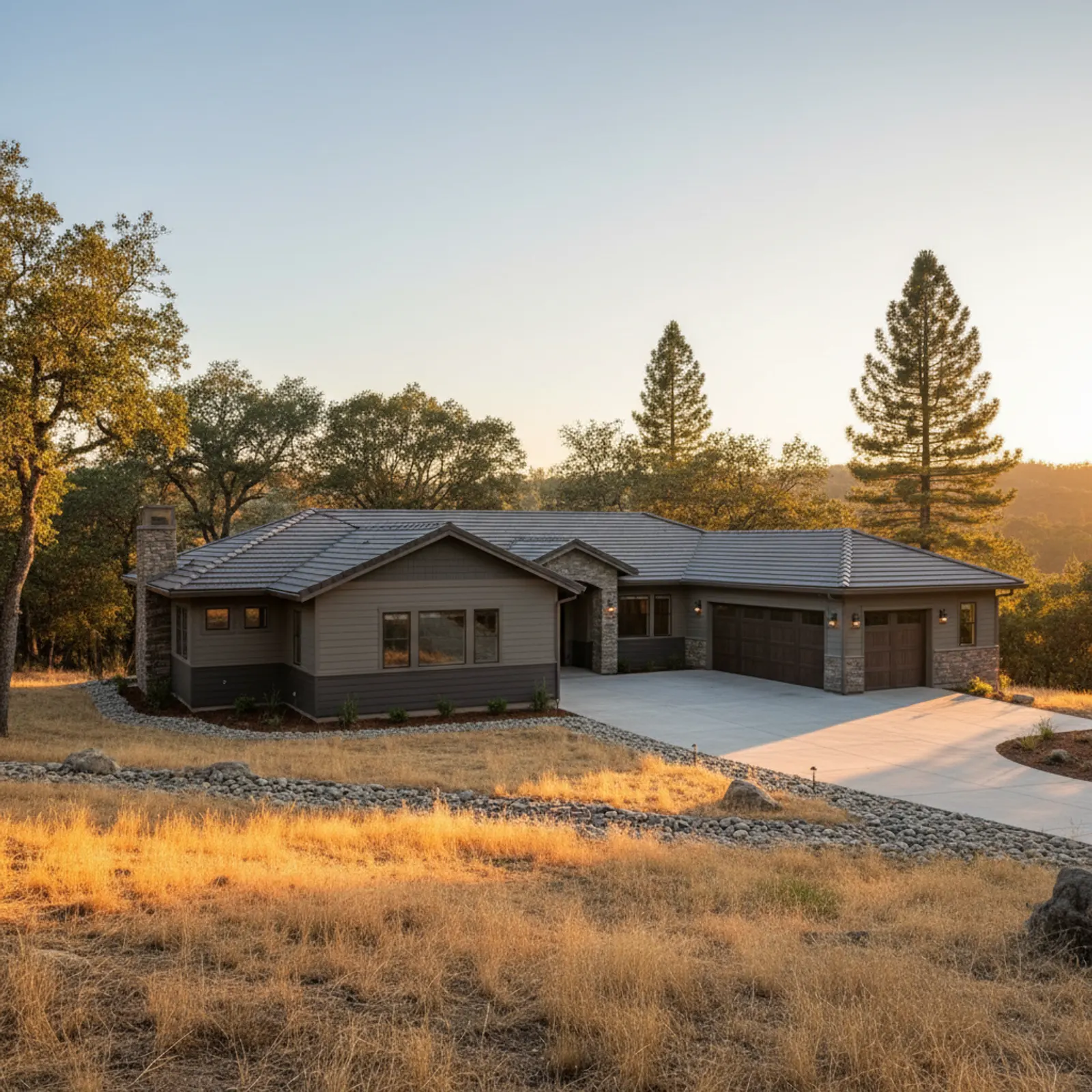 Fire-resistant re-side, Auburn CA Fire-resistant fiber cement siding on a foothill home in Auburn California surrounded by oak and pine