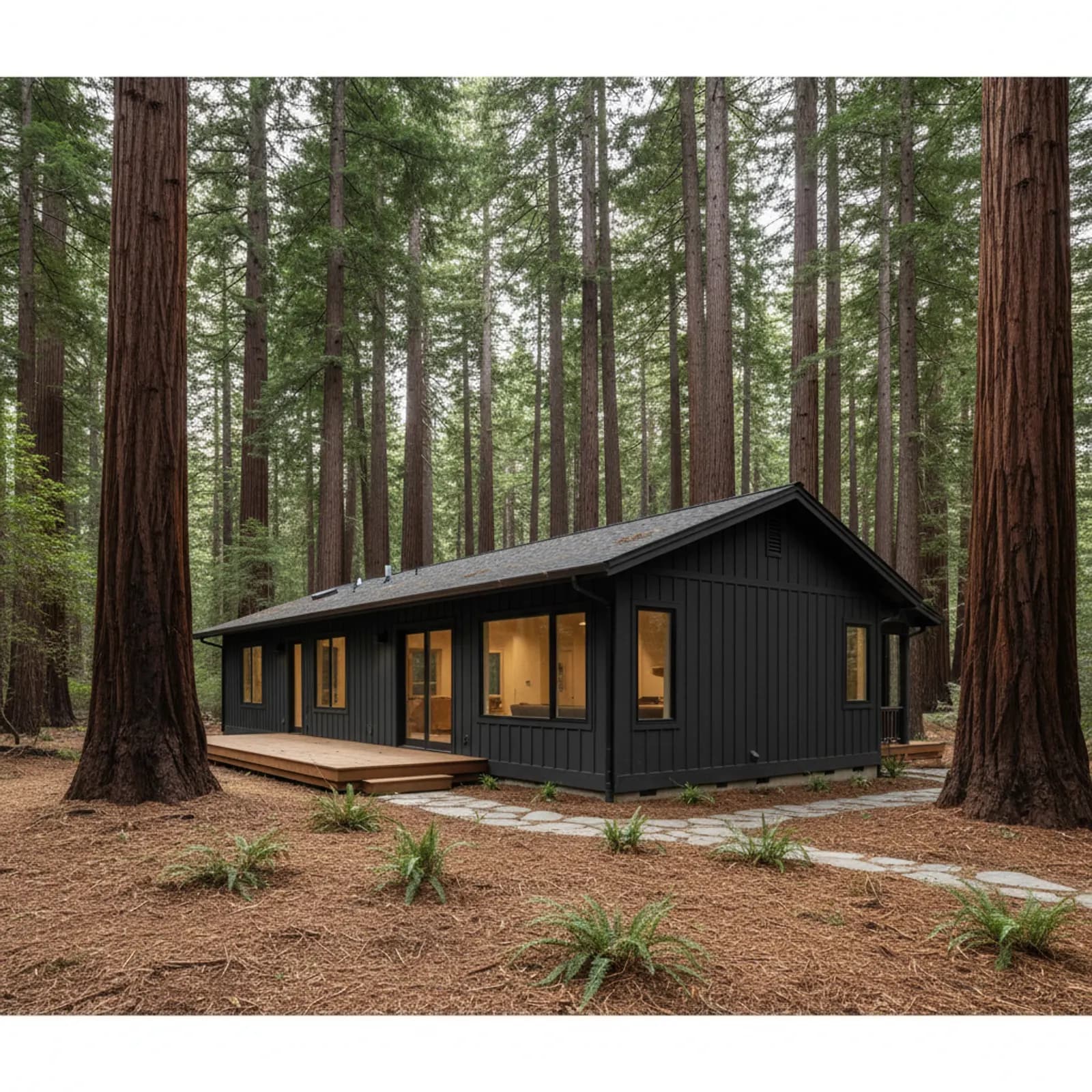 Wildfire-hardened re-side, Boulder Creek CA Wildfire-hardened non-combustible fiber cement siding on a deep-forest home in Boulder Creek California