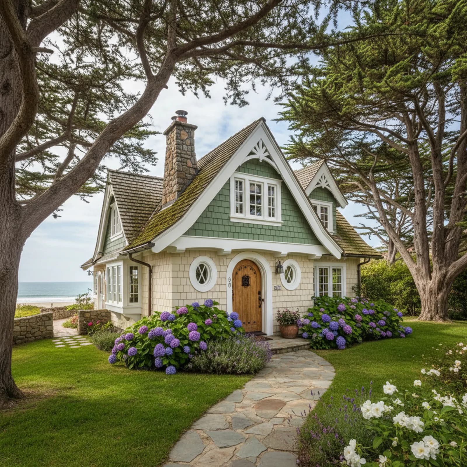 Coastal cottage re-side, Carmel CA Character-sensitive, corrosion-aware fiber cement siding on a Carmel-by-the-Sea California cottage