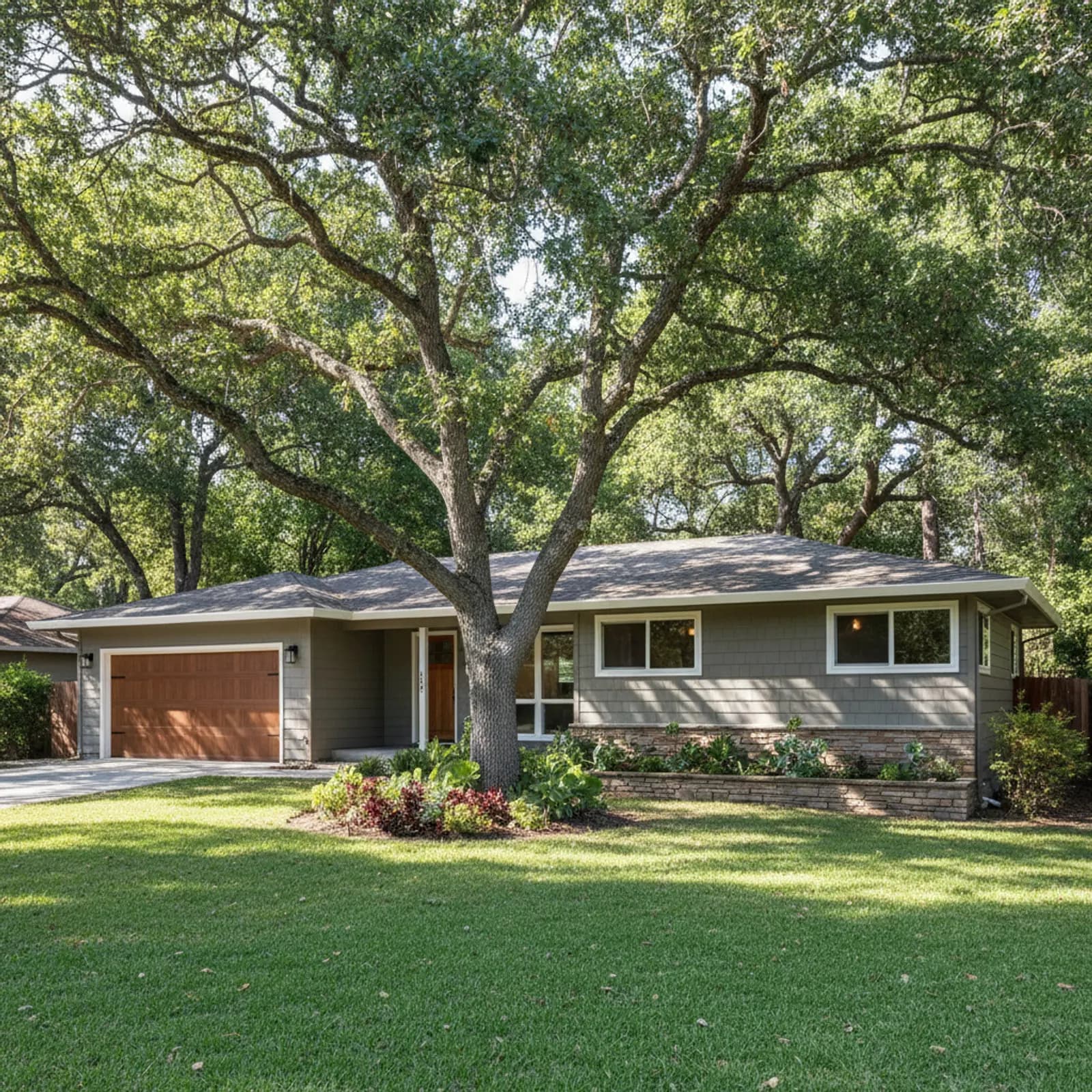 Fiber cement re-side, Carmichael CA Heat-durable fiber cement siding on a tree-shaded Carmichael California ranch home