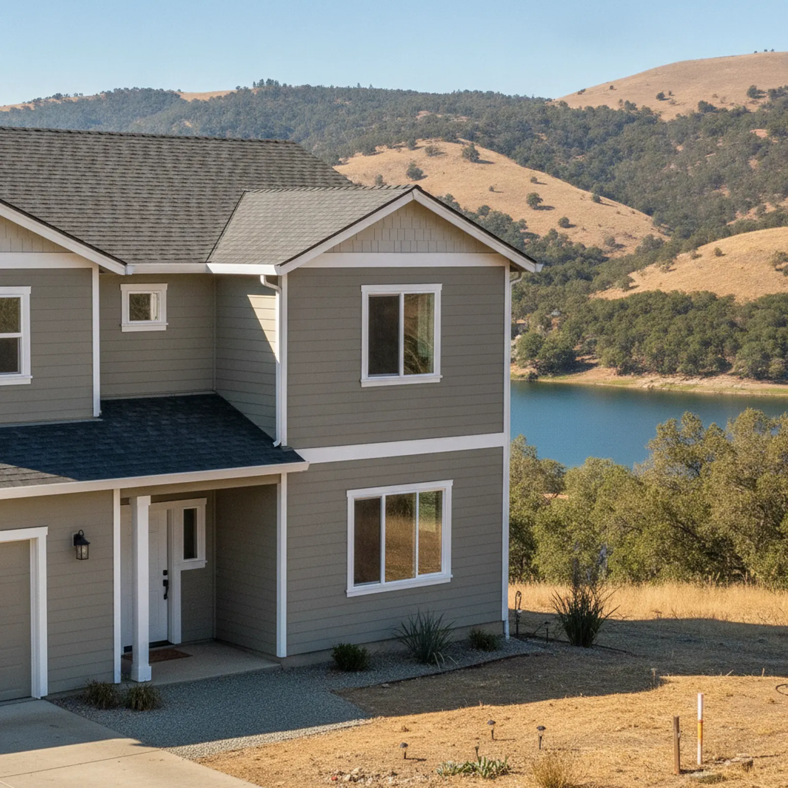 Fire-hardened lake-area re-side, Copperopolis CA Wildfire-hardened non-combustible fiber cement siding on a Lake Tulloch home in Copperopolis California