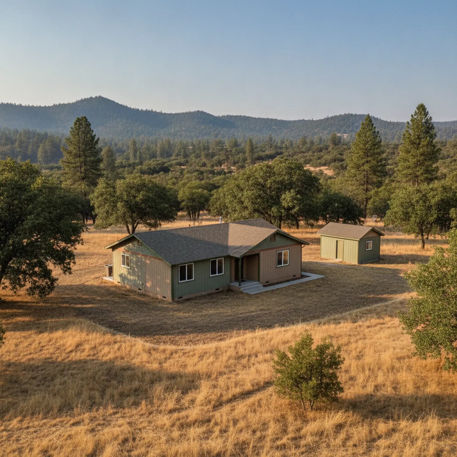 Forest-edge hardened ranch home, Coulterville CA Non-combustible fiber cement siding on a rural ranch home at the forest edge near Coulterville California
