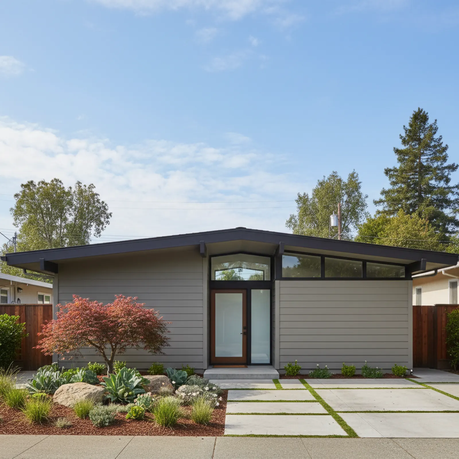 Modern re-side, Cupertino CA Refined flat-panel fiber cement siding on a mid-century Eichler home in Cupertino California