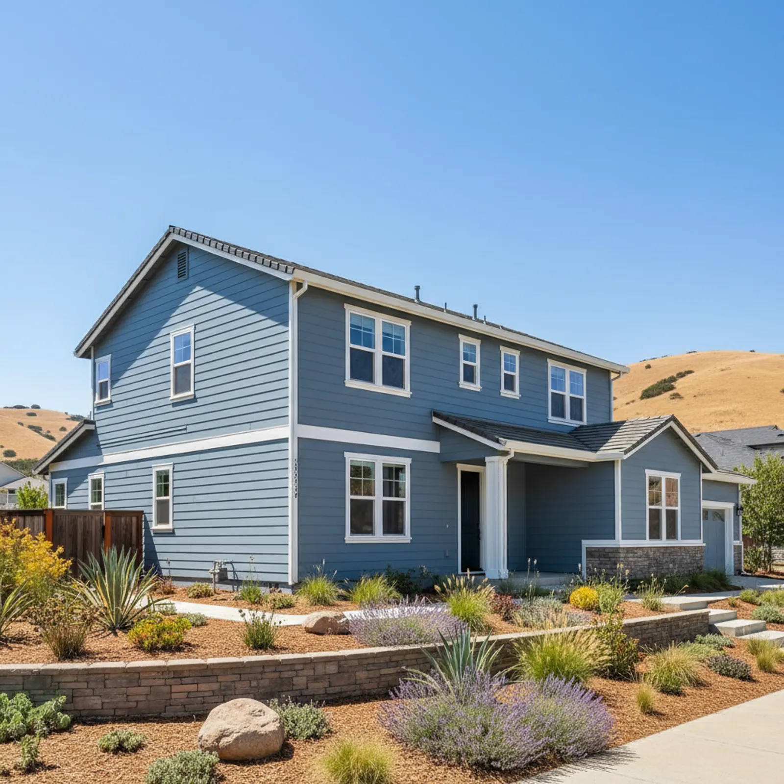 Fiber cement re-side, Gilroy CA Heat- and fire-aware fiber cement siding on a Gilroy California tract home