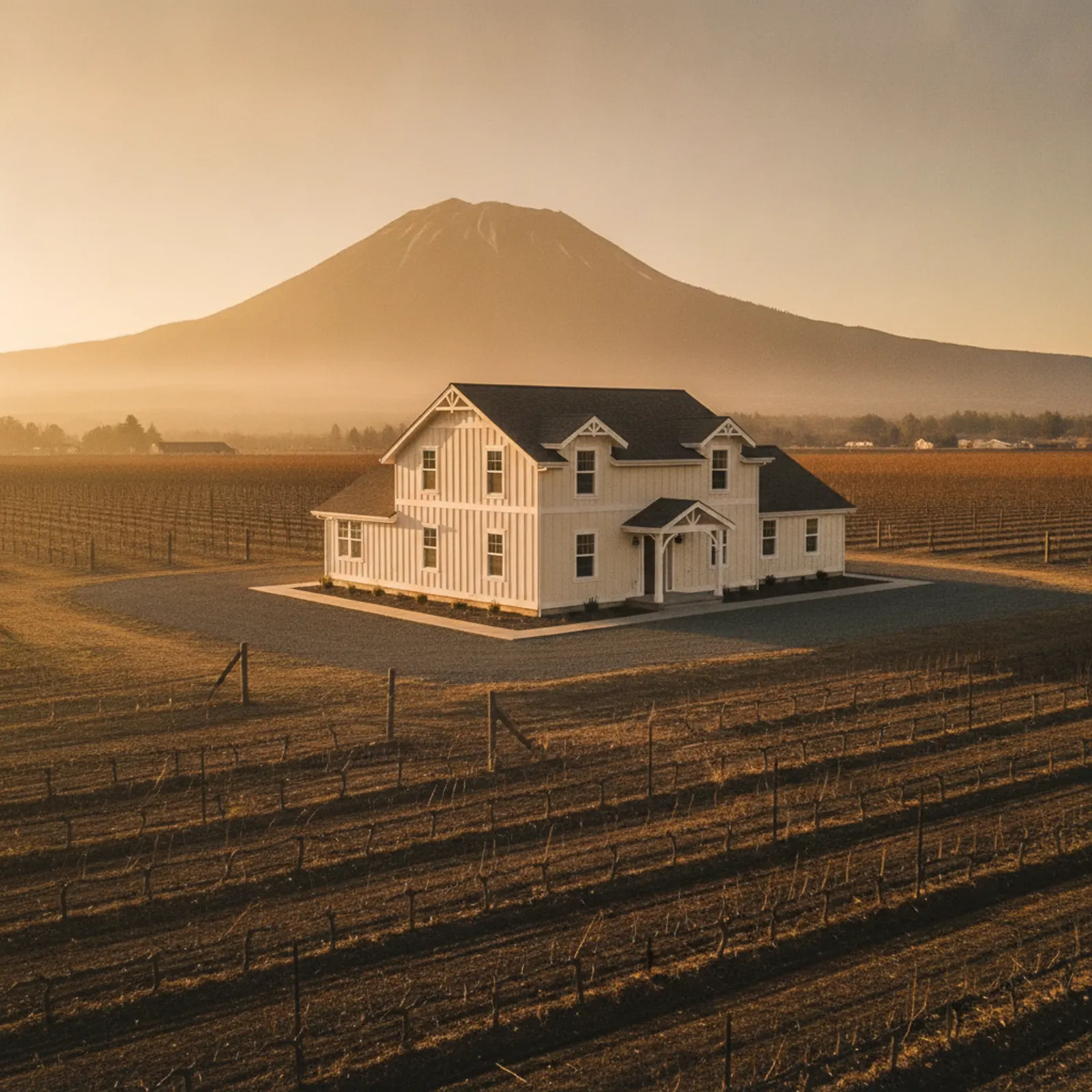 Fire-hardened farmhouse, Kelseyville CA Board-and-batten non-combustible fiber cement siding on a farmhouse among Kelseyville California vineyards below Mount Konocti