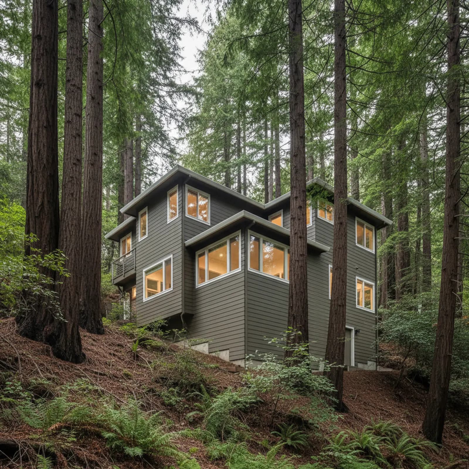 Canyon re-side, Larkspur CA Fire-hardened, moisture-managed fiber cement siding on a redwood-canyon home in Larkspur California