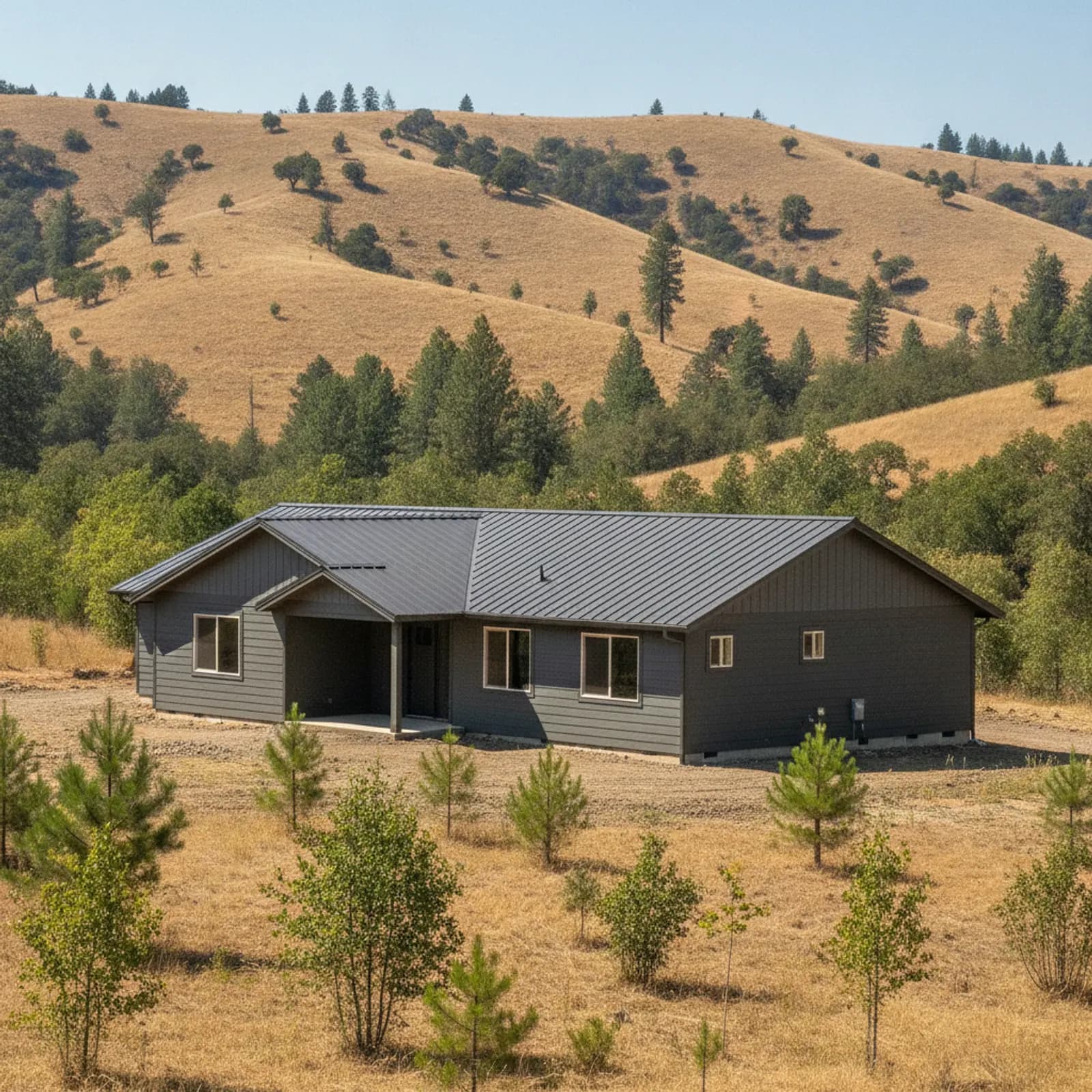 Wildfire-hardened rebuild, Middletown CA Wildfire-hardened non-combustible fiber cement siding on a rebuilt home in the Valley Fire area of Middletown California