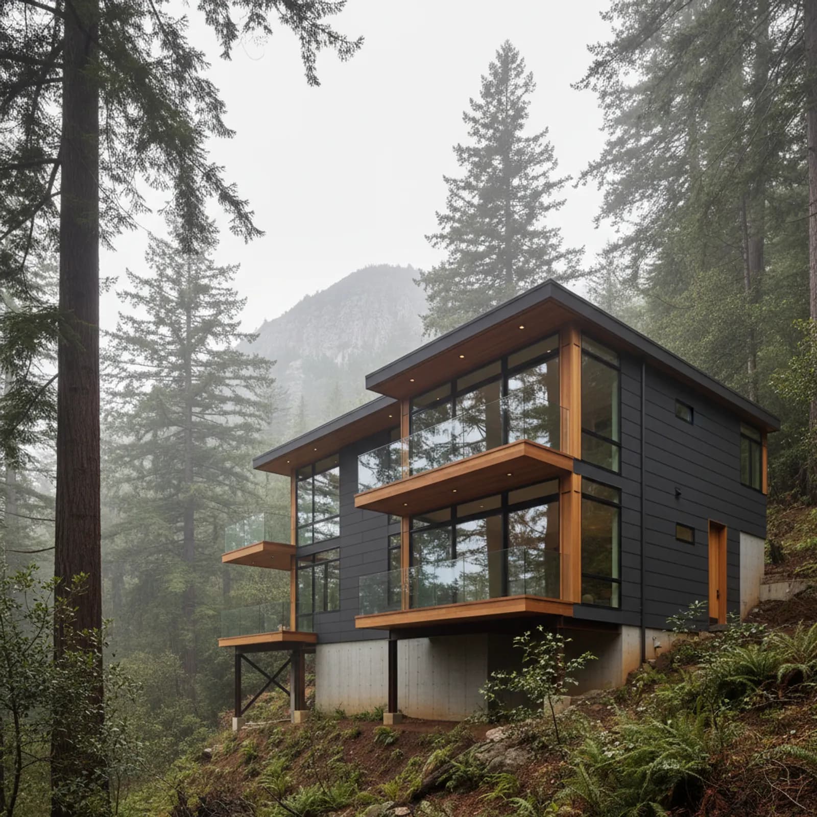 Fire-hardened hillside re-side, Mill Valley CA Architectural fire-resistant fiber cement siding on a wooded hillside home in Mill Valley California
